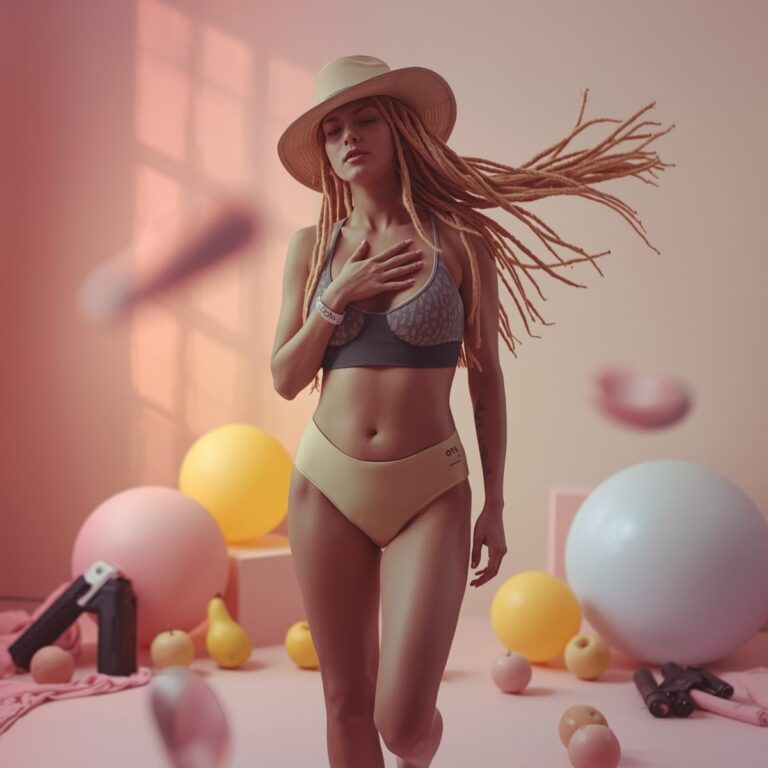 Frau mit Hand auf Herz im Flow, Obst & Fitnessartikel um sie herum – Symbol für Achtsamkeit, Präsenz & Sinnlichkeit.