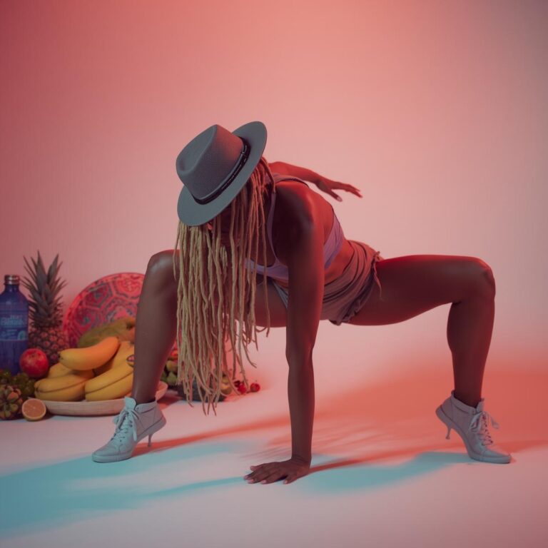 Frau in Bridge-Pose mit Obst & Matte – Symbol für Kraft, Ausdauer & Lust.