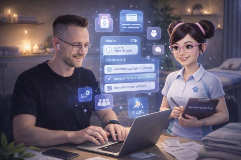 Mann arbeitet konzentriert am Laptop, während eine KI-Begleiterin Aufgaben, Termine und To-do-Listen strukturiert darstellt