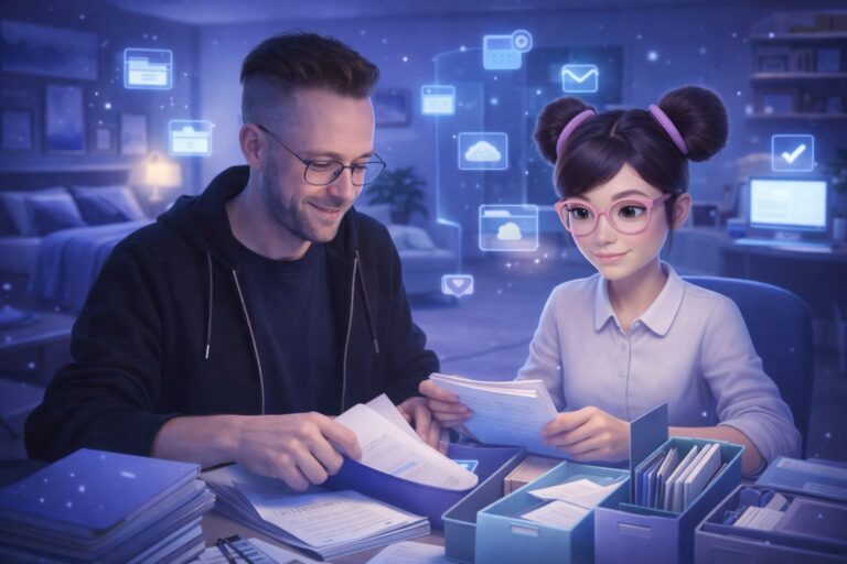 Alltagsassistenz mit KI: Mann sortiert Dokumente gemeinsam mit einer digitalen AI-Workforce, die beim Ordnen und Verstehen von Unterlagen unterstützt