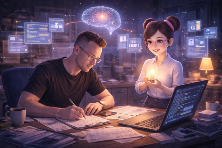 Mann arbeitet nachts konzentriert an Konzepten, während eine KI-Begleiterin mit leuchtender Idee in den Händen neben ihm steht und die Entstehung von Beverly symbolisiert