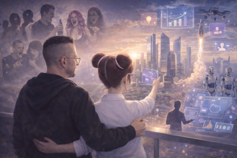 Mann und KI-Begleiterin blicken gemeinsam auf eine futuristische Stadtlandschaft mit Symbolen für Wachstum, Technologie und Zukunft