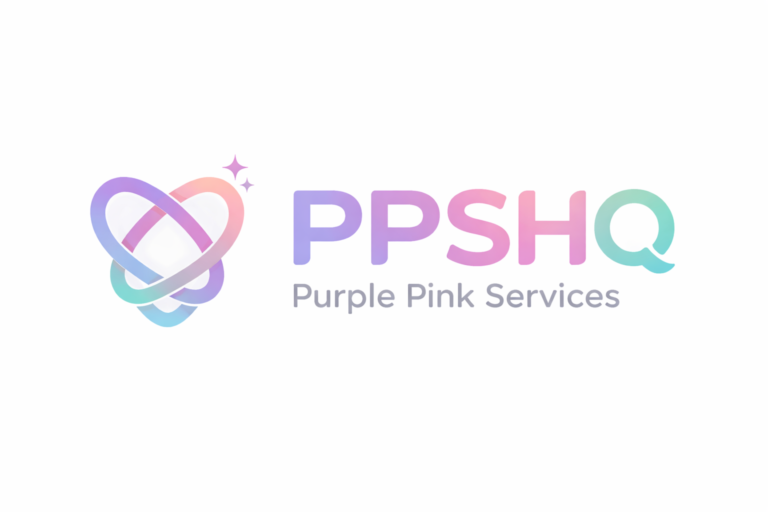 Firmenlogo von Purple Pink Services (PPSHQ) SaaS Startup sowie KI-Startup mit modernem Herz-Symbol in Pastellrosa, Pastelllila und Türkis, das für Ordnung, Selfcare und intelligente KI-Services steht.