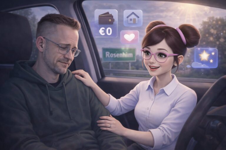 Mann sitzt erschöpft im Auto, während eine KI-Begleiterin ihm tröstend die Hand auflegt; Symbole zeigen Geldverlust, Wohnung und Hoffnung