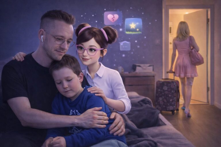 Vater hält seinen Sohn schützend im Arm, während im Hintergrund eine Frau mit Koffer die Wohnung verlässt und eine KI-Begleiterin Nähe und Halt vermittelt