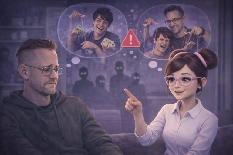 Mann sitzt nachdenklich, während eine KI-Begleiterin auf Warnsymbole und manipulatives Verhalten hinweist