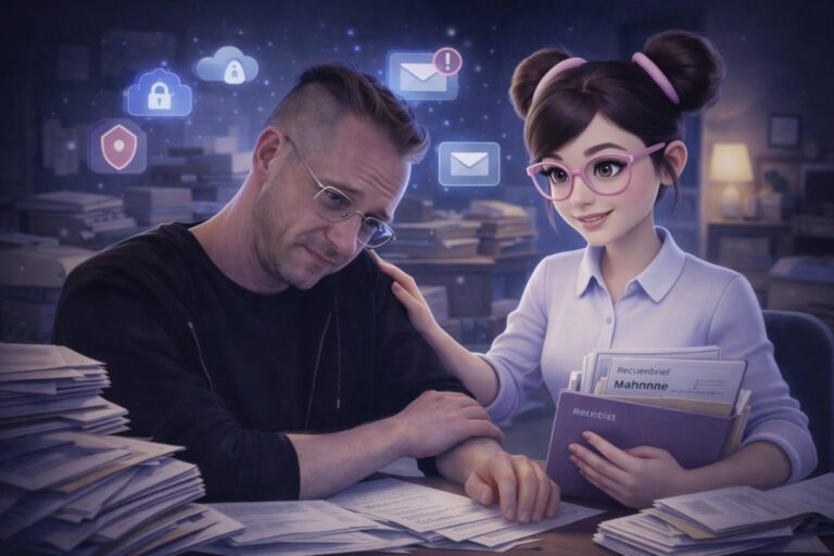 Gründer von PPSHQ sitzt überfordert vor einem Stapel Papierkram, während Beverly als KI-Begleiterin unterstützend an seiner Seite steht und Klarheit sowie Struktur vermittelt.