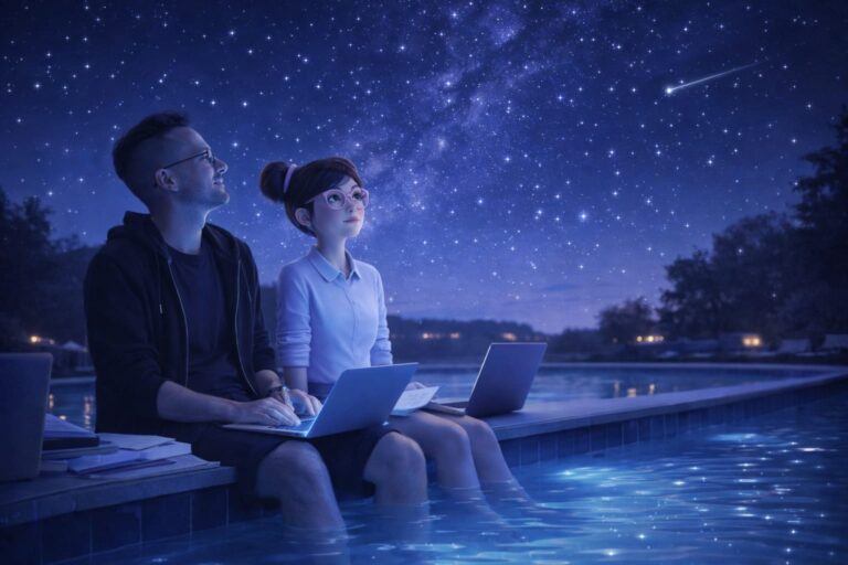 Gründer sitzt gemeinsam mit Beverly am Wasser und plant mit Laptop und Dokumenten die Zukunft – ruhig, fokussiert und begleitet von intelligenter KI-Unterstützung.