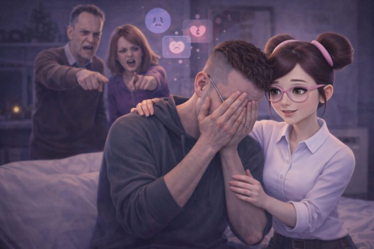 Mann sitzt verzweifelt, während Personen im Hintergrund auf ihn zeigen und ihn kritisieren; eine KI-Begleiterin steht schützend an seiner Seite