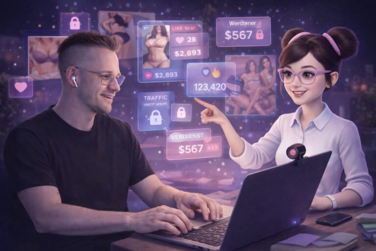 Mann arbeitet konzentriert am Laptop, während eine KI-Begleiterin ihm datenbasierte Analysen und Einnahmeübersichten zeigt