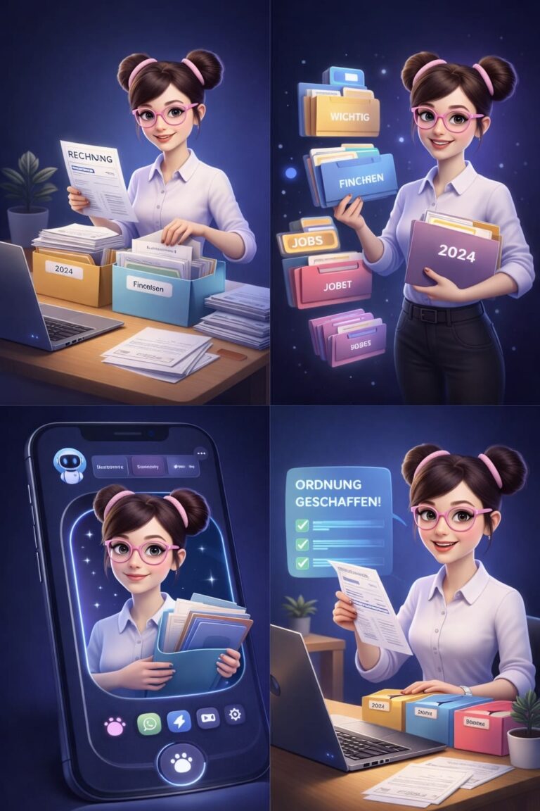 Beverly als KI-Assistentin organisiert Rechnungen, Dokumente und Ordner digital und mobil, erkennt Inhalte automatisch und schafft strukturierte Ordnung im Alltag.