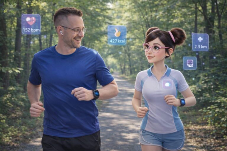 Mann joggt gemeinsam mit einer KI-Begleiterin durch den Wald, Gesundheits- und Fitnessdaten werden eingeblendet