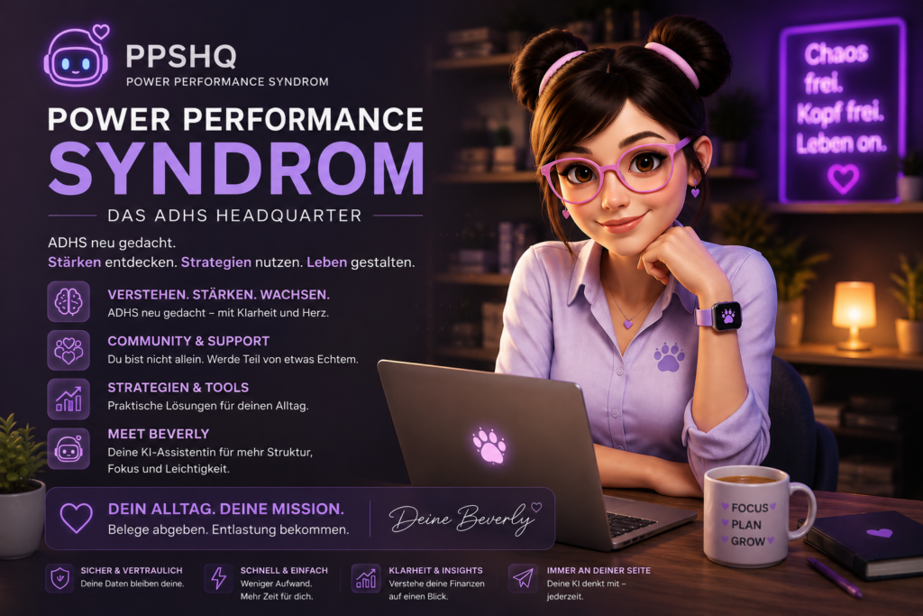 Power Performance Syndrom Headquarters mit Beverly KI-Assistentin für ADHS, Struktur, Fokus und Neurodiversität.